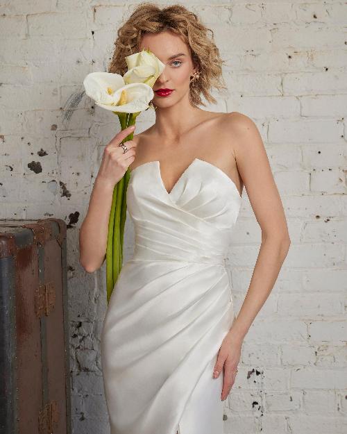 123252 fitted simple satin wedding dress with a slit and overskirt1
